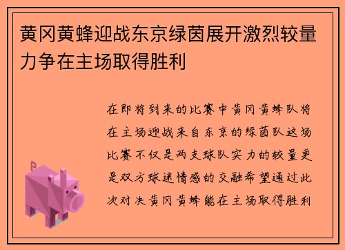 黄冈黄蜂迎战东京绿茵展开激烈较量力争在主场取得胜利